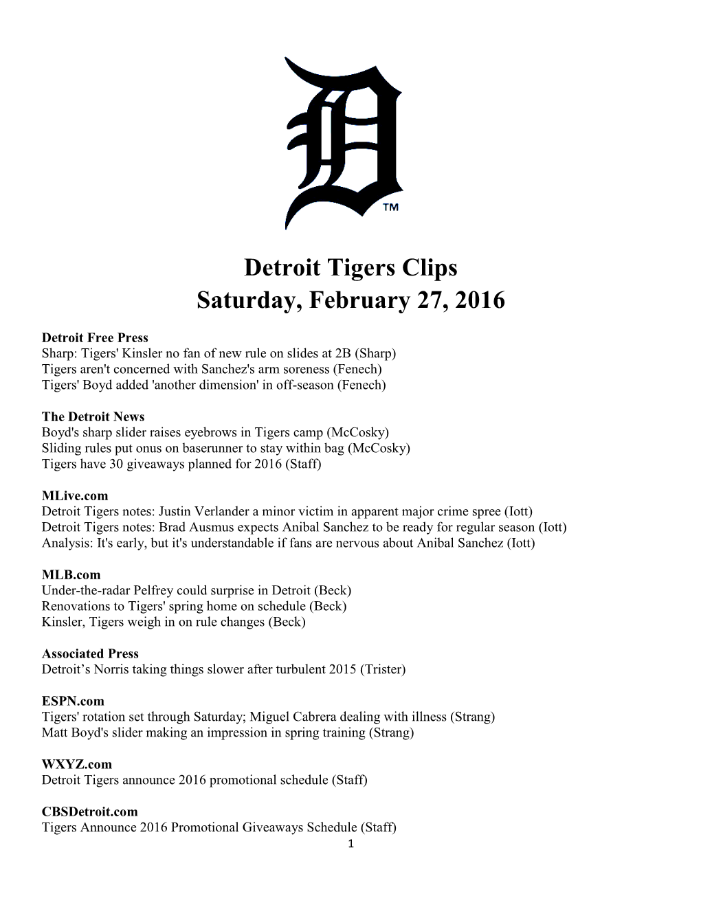 Detroit Tigers Clips Saturday, February 27, 2016