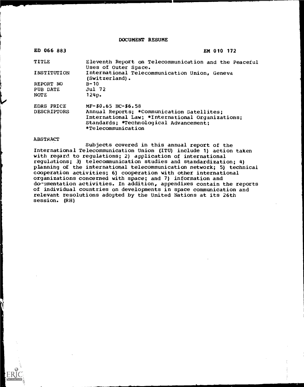 DOCUMENT RESUME ED 066 883 EM 010 172 TITLE Eleventh Report