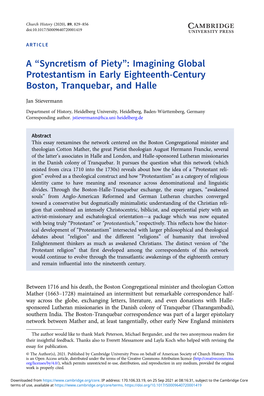 A “Syncretism of Piety”: Imagining Global Protestantism in Early Eighteenth-Century Boston, Tranquebar, and Halle