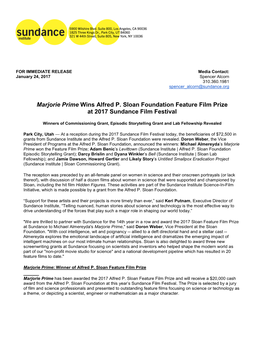 Marjorie Prime Wins Alfred P. Sloan Foundation Feature Film Prize at 2017 Sundance Film Festival