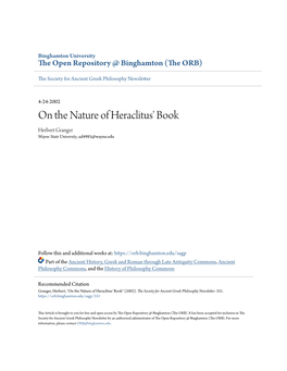 On the Nature of Heraclitus' Book Herbert Granger Wayne State University, Ad4985@Wayne.Edu