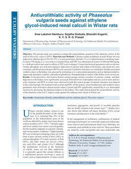 Antiurolithiatic Activity of Phaseolus Vulgaris Seeds Against Ethylene Glycol-Induced Renal Calculi in Wistar Rats
