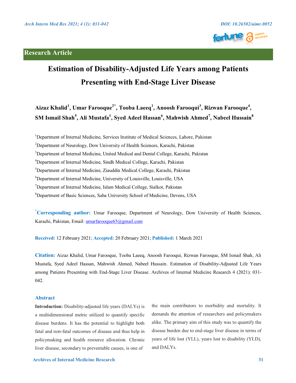 Estimation of Disability-Adjusted Life Years Among Patients Presenting with End-Stage Liver Disease