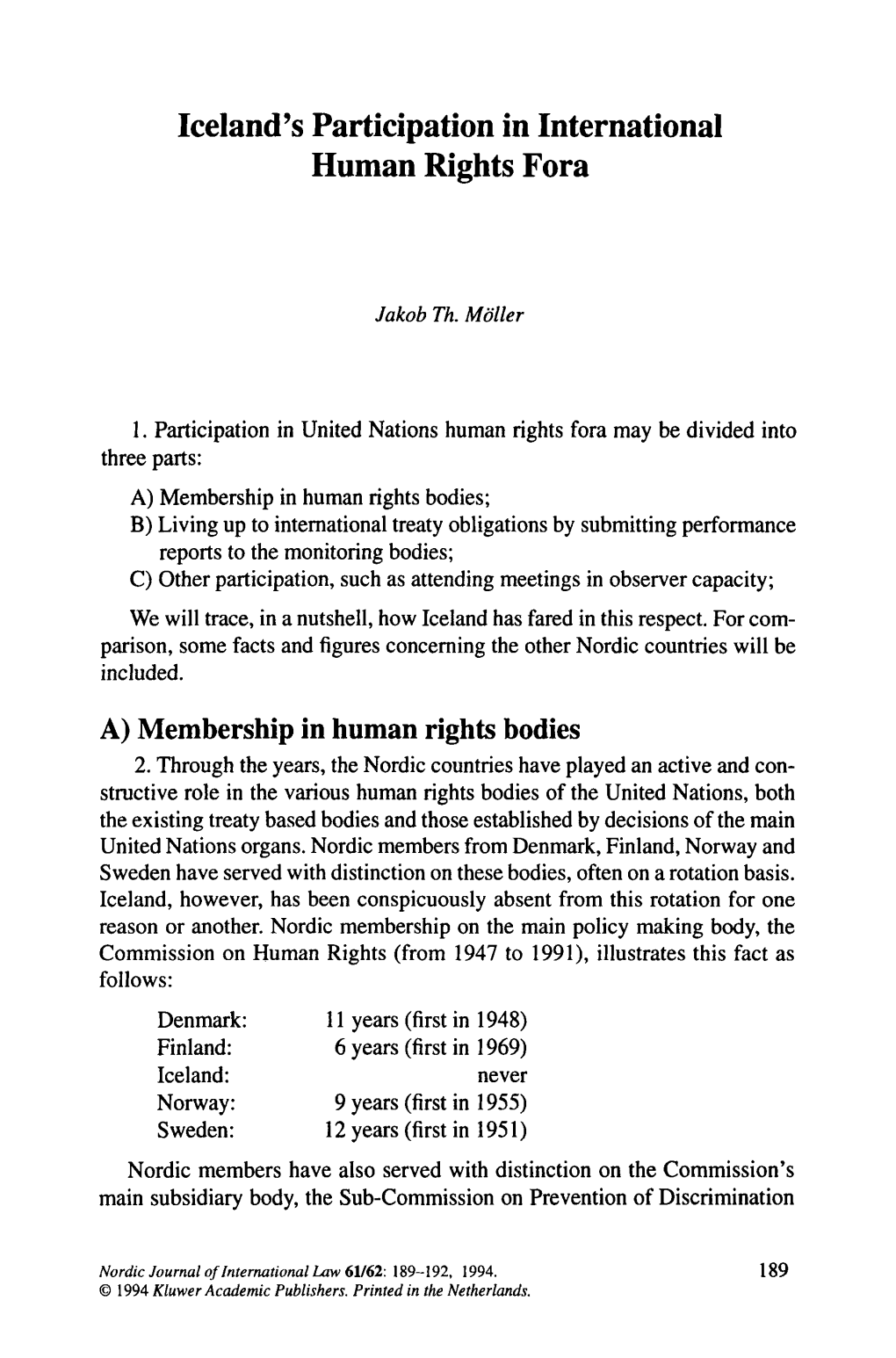 Iceland's Participation in International Human Rights Fora