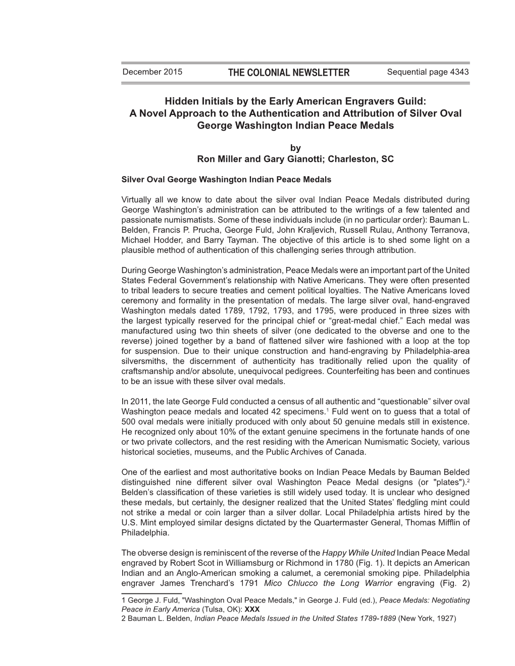 Hidden Initials by the Early American Engravers Guild: a Novel Approach to the Authentication and Attribution of Silver Oval George Washington Indian Peace Medals