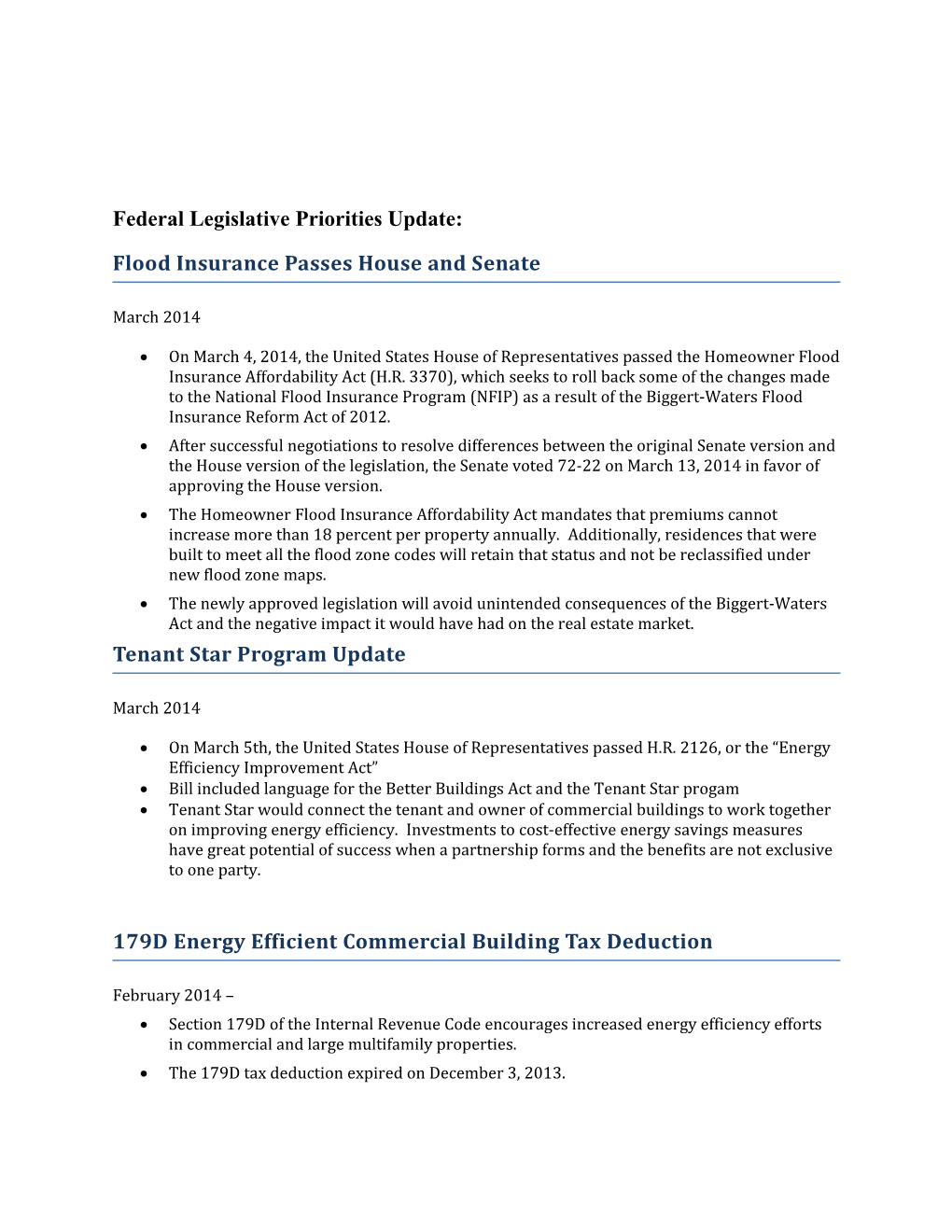 Federal Legislative Priorities Update