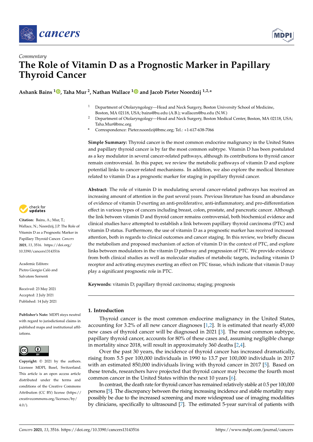 The Role of Vitamin D As a Prognostic Marker in Papillary Thyroid Cancer