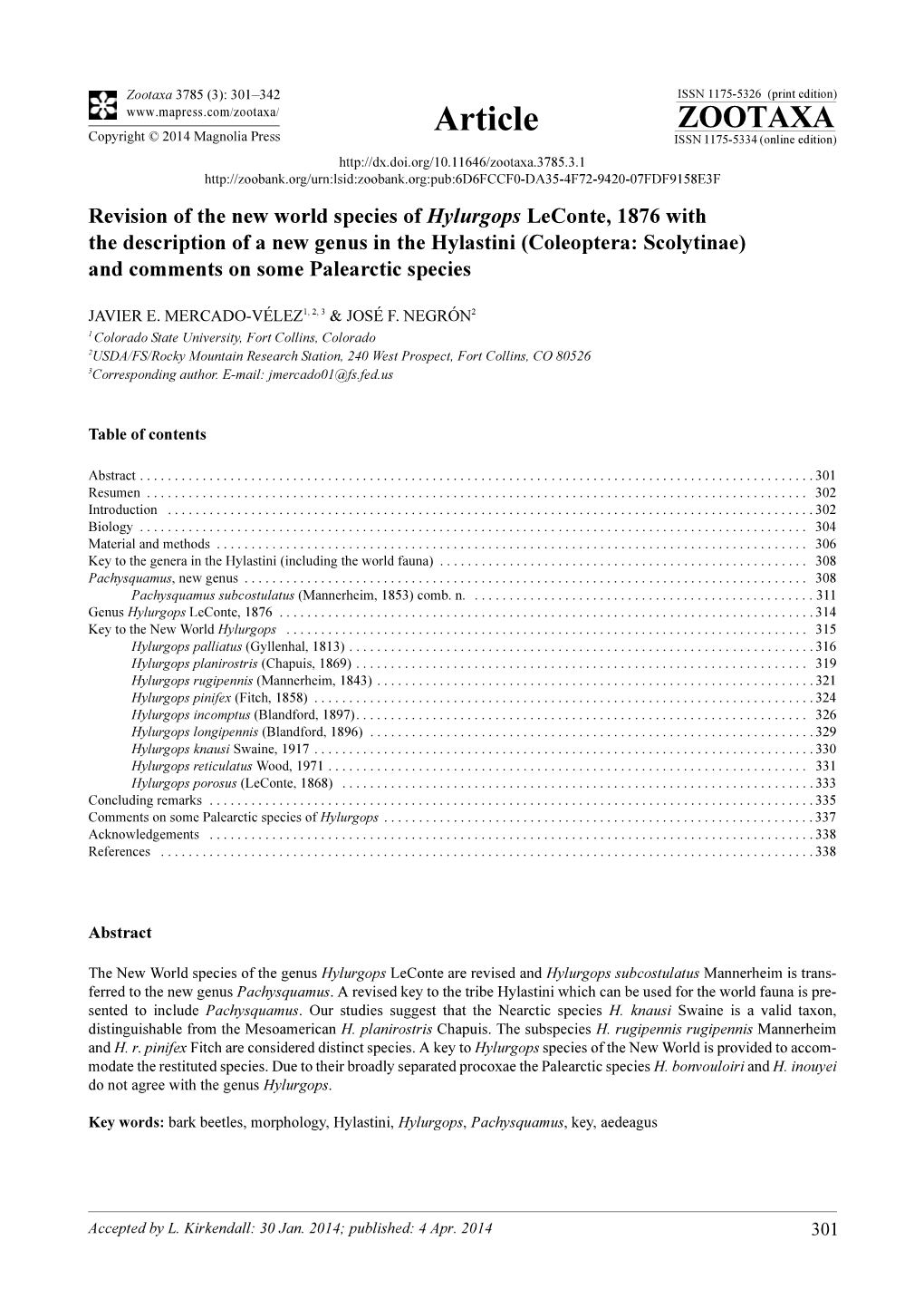 Revision of the New World Species of Hylurgops Leconte, 1876 with The