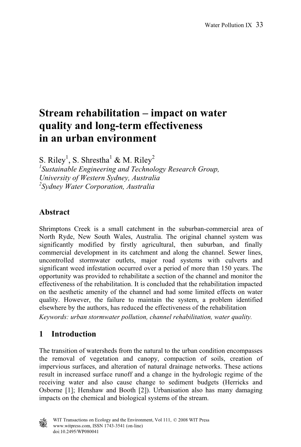 Stream Rehabilitation – Impact on Water Quality and Long-Term Effectiveness in an Urban Environment