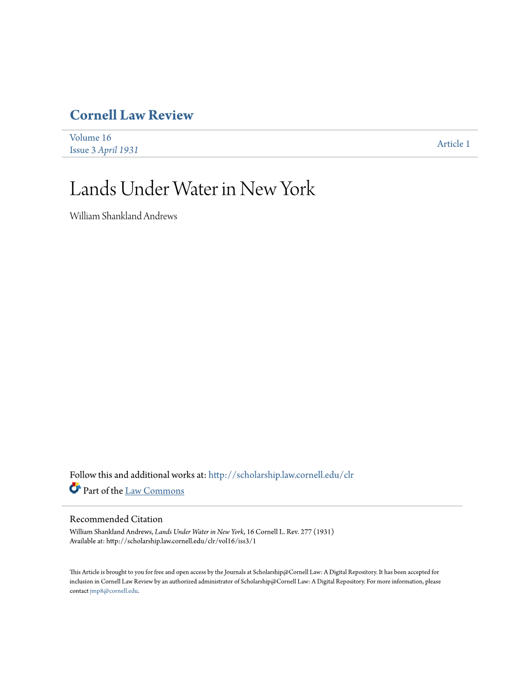 Lands Under Water in New York William Shankland Andrews