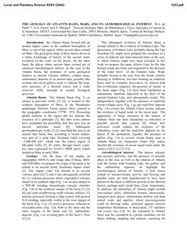 THE GEOLOGY of ATLANTIS BASIN, MARS, and ITS ASTROBIOLOGICAL INTEREST. M.A. De Pablo1,*, A.G. Fairén2 and A. Márquez1. 1Área De Geología