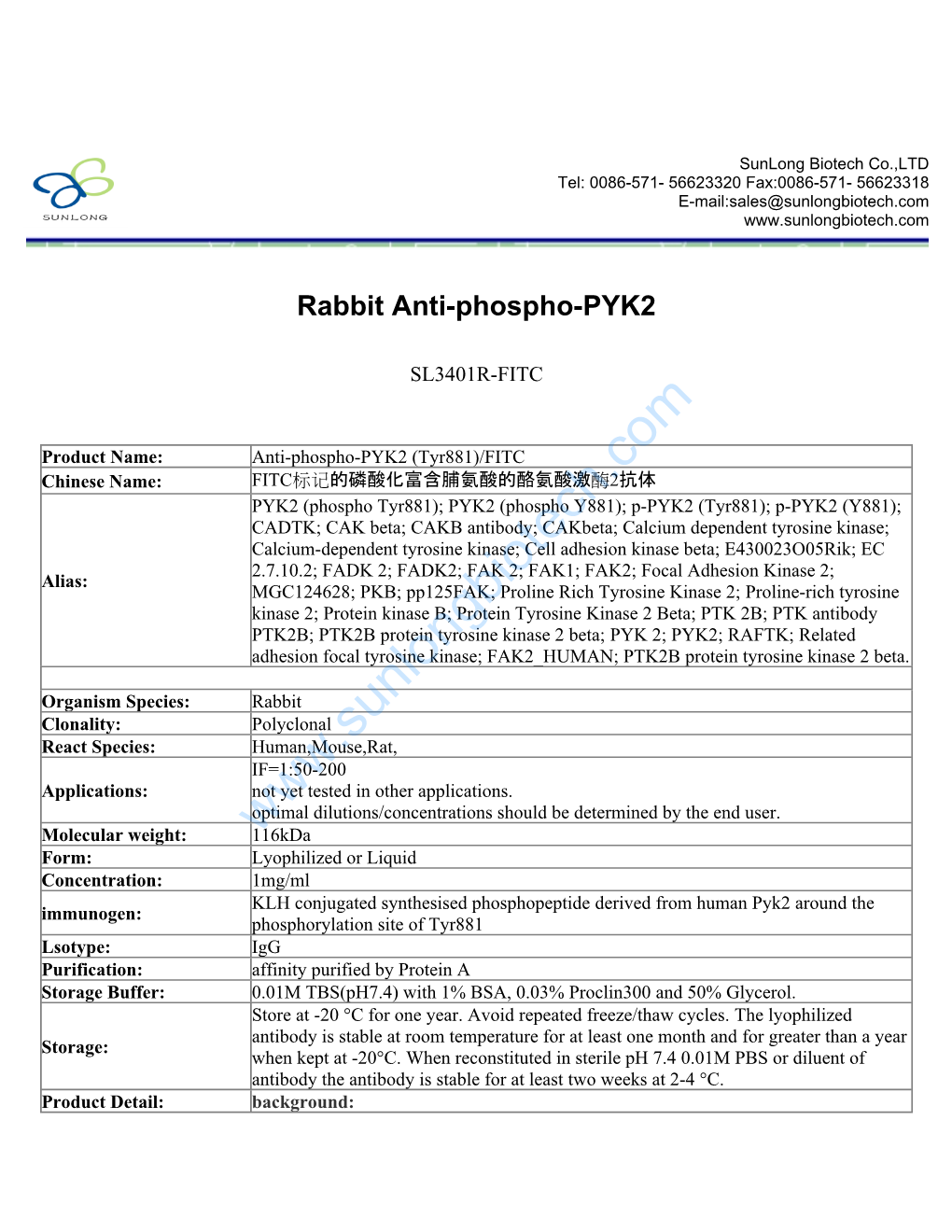 Rabbit Anti-Phospho-PYK2-SL3401R-FITC