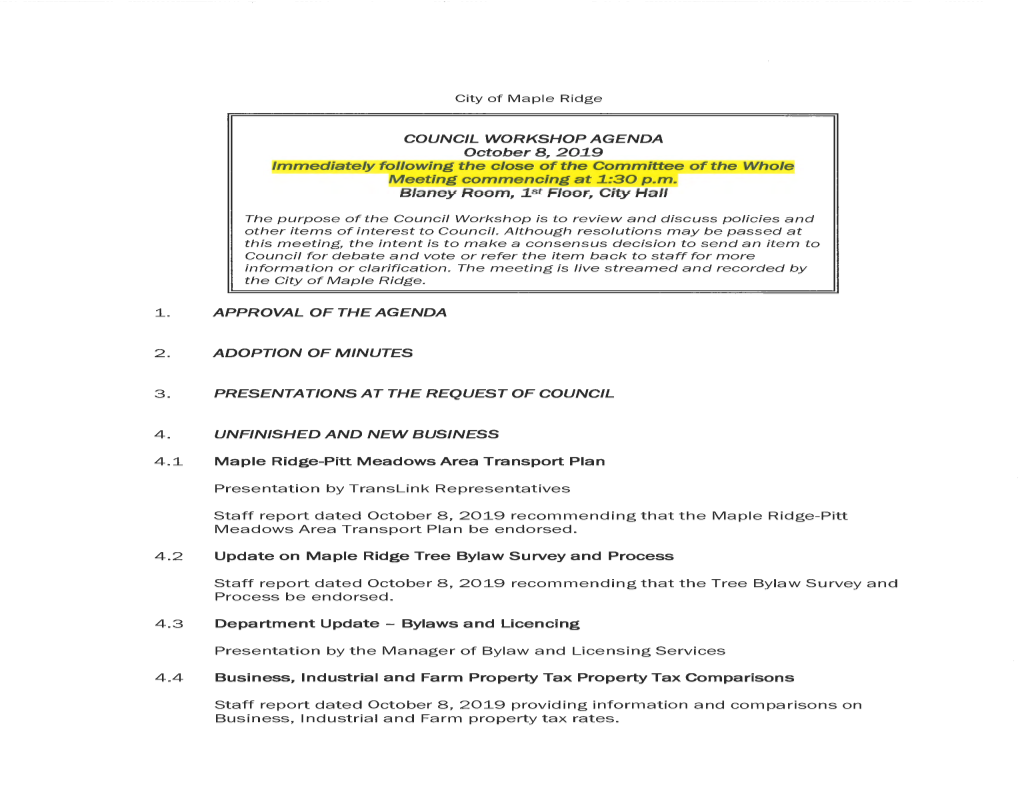 Council Workshop Meeting Agenda and Reports October