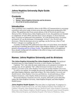 Johns Hopkins University Style Guide Contents Introduction Names