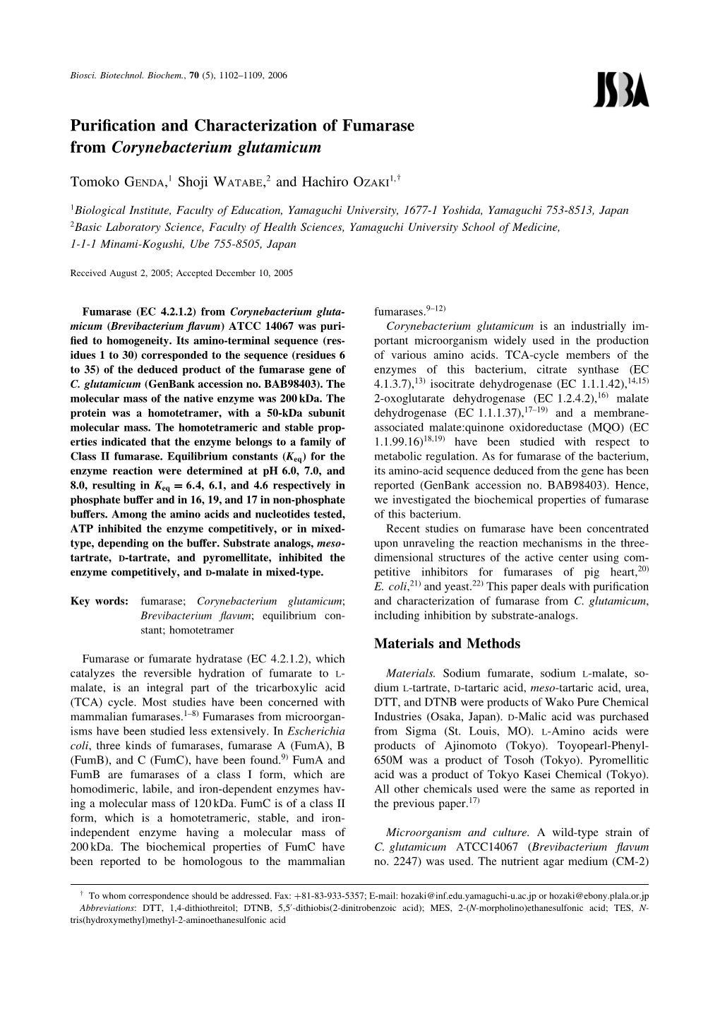 Purification and Characterization of Fumarase from Corynebacterium
