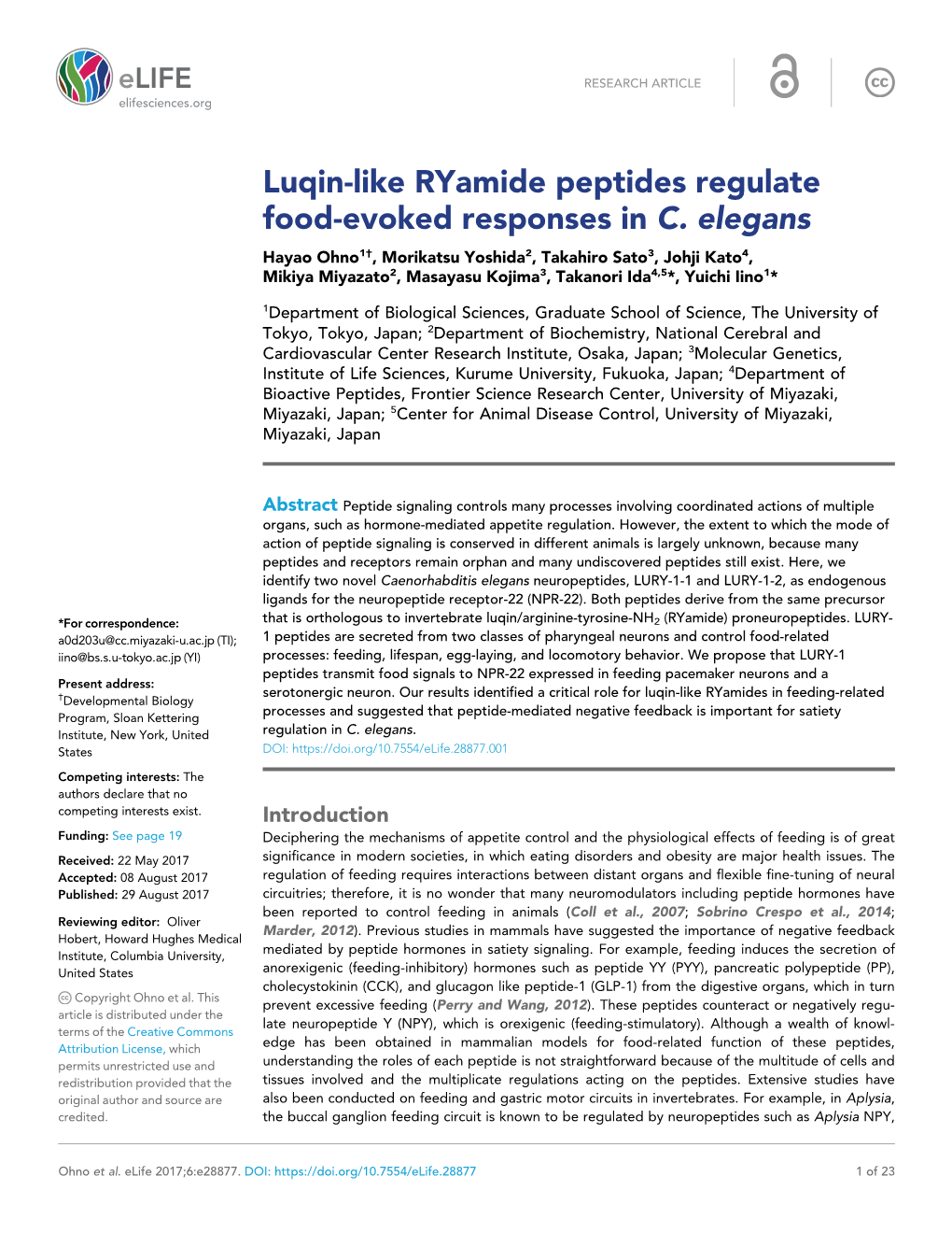 Luqin-Like Ryamide Peptides Regulate Food-Evoked Responses in C. Elegans