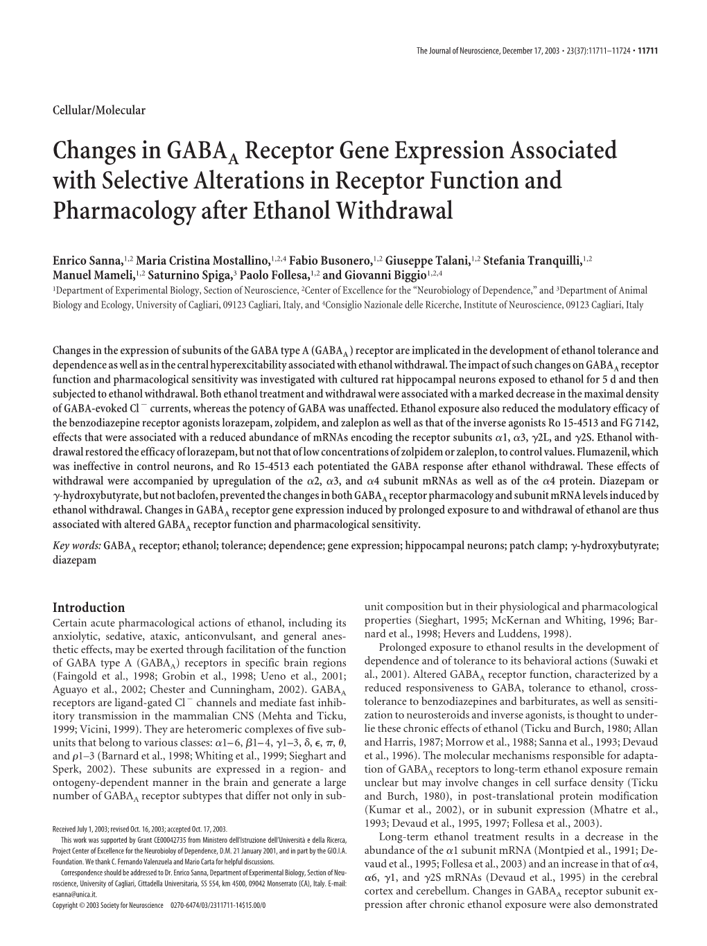 Changes in GABAA Receptor Gene Expression Associated with Selective Alterations in Receptor Function and Pharmacology After Ethanol Withdrawal