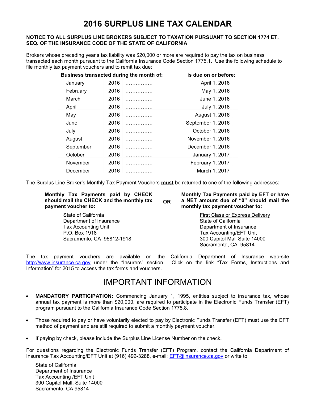 2001 Surplus Line Tax Calendar