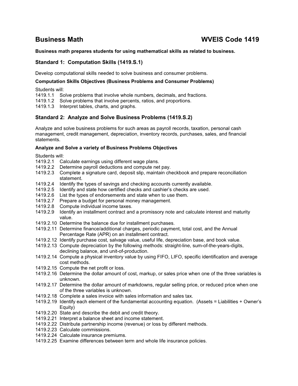 Business Math WVEIS Code 1419