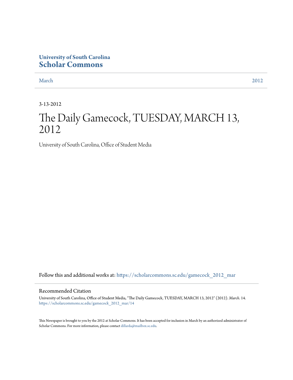 The Daily Gamecock, TUESDAY, MARCH 13, 2012