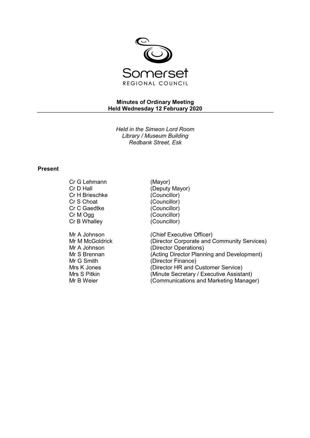 Minutes of Ordinary Meeting Held Wednesday 12 February 2020 Held