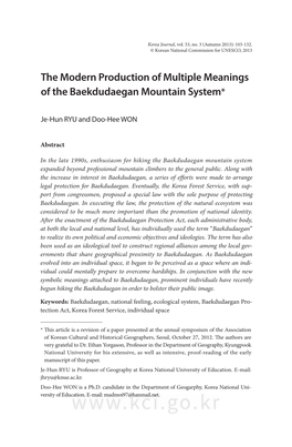 The Modern Production of Multiple Meanings of the Baekdudaegan Mountain System*
