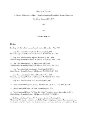 A Selected Bibliography of Harry Potter Scholarship and Associated Research Resources