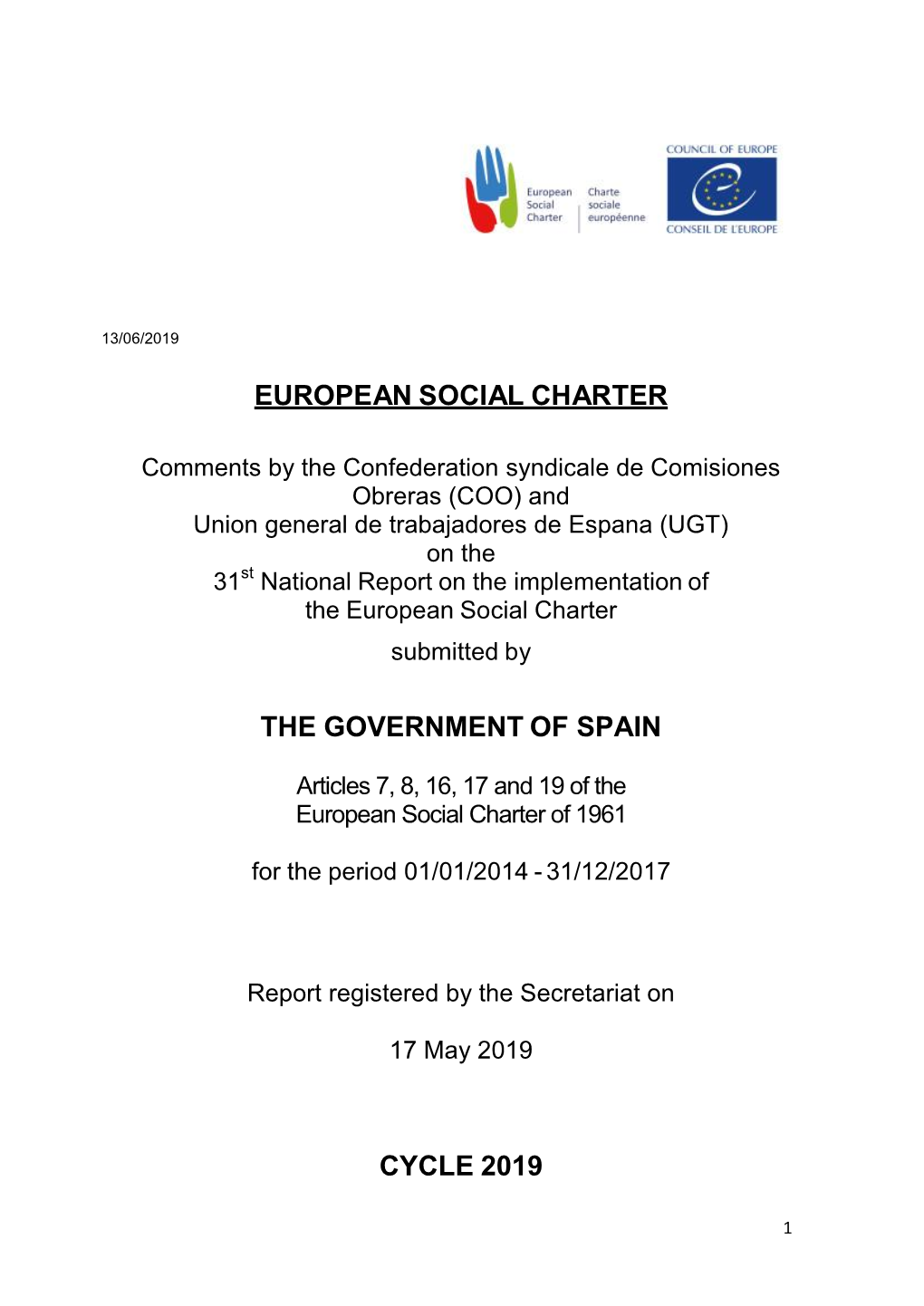 Comments from CCOO and UGT on 31St Report
