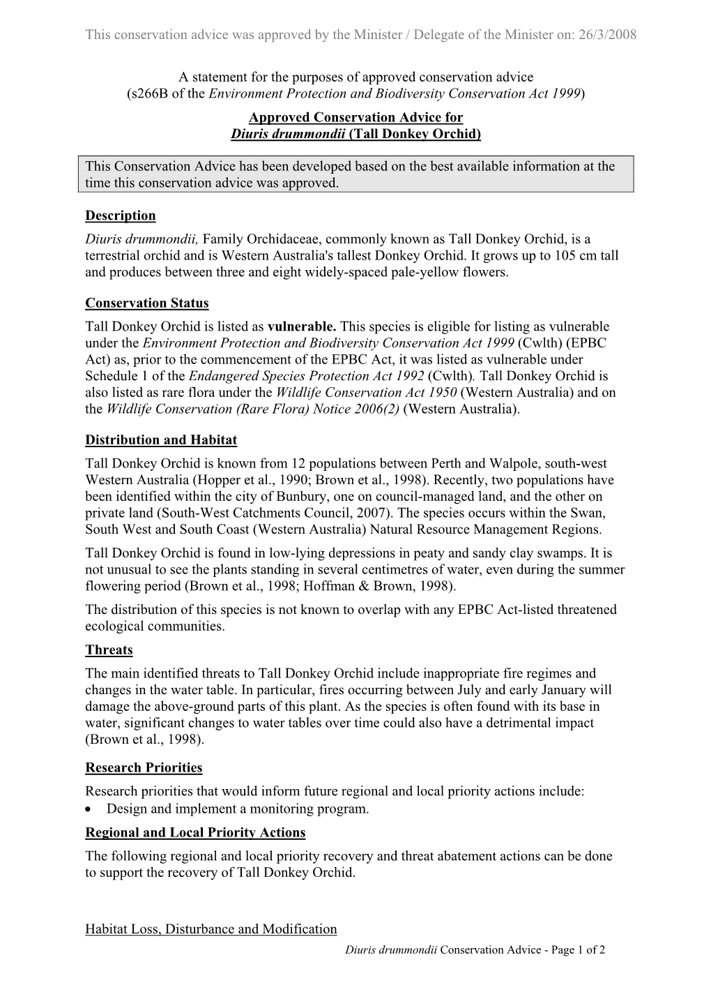 4365 Approved Conservation Advice for Diuris Drummondii (Tall Donkey Orchid)