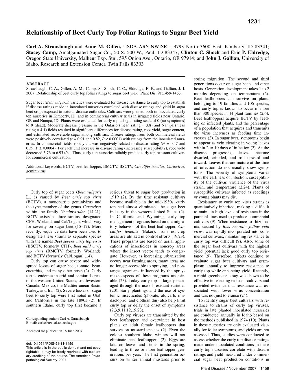 Relationship of Beet Curly Top Foliar Ratings to Sugar Beet Yield