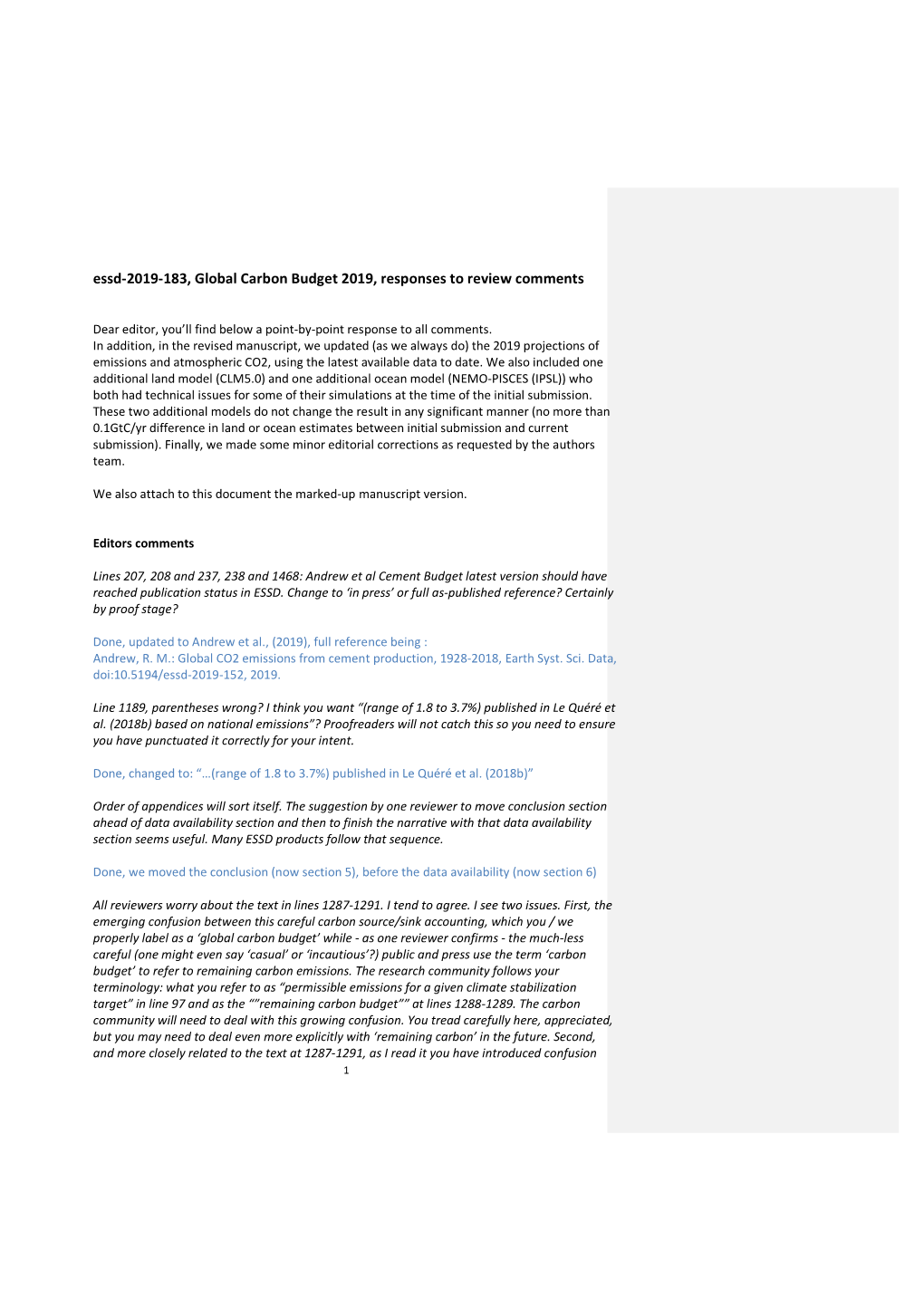 Essd-2019-183, Global Carbon Budget 2019, Responses to Review Comments