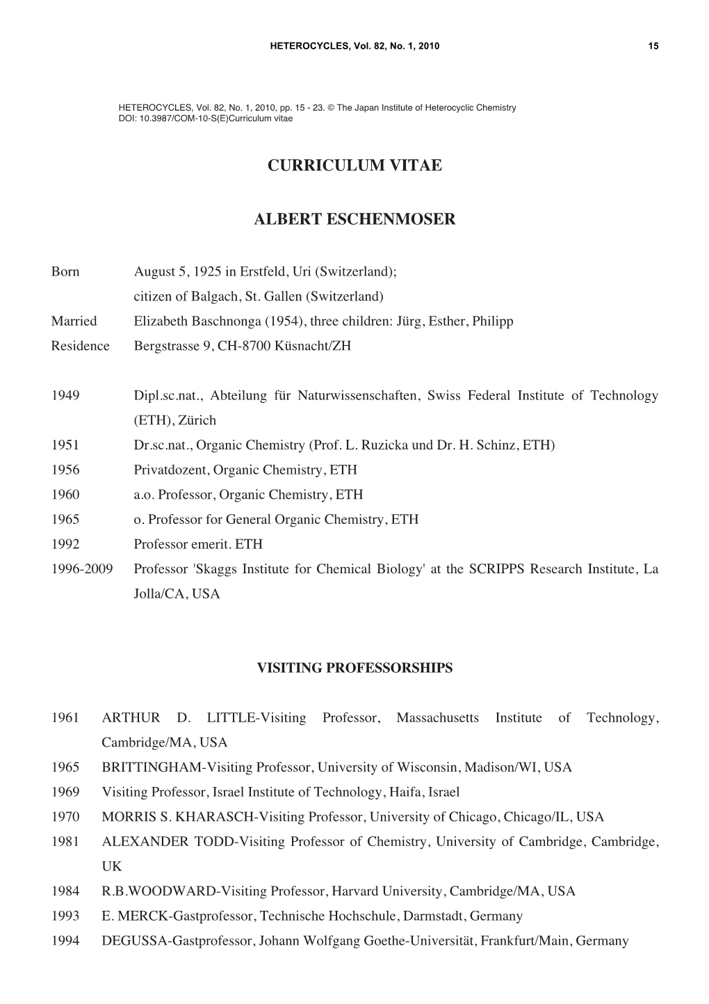 Curriculum Vitae Albert Eschenmoser