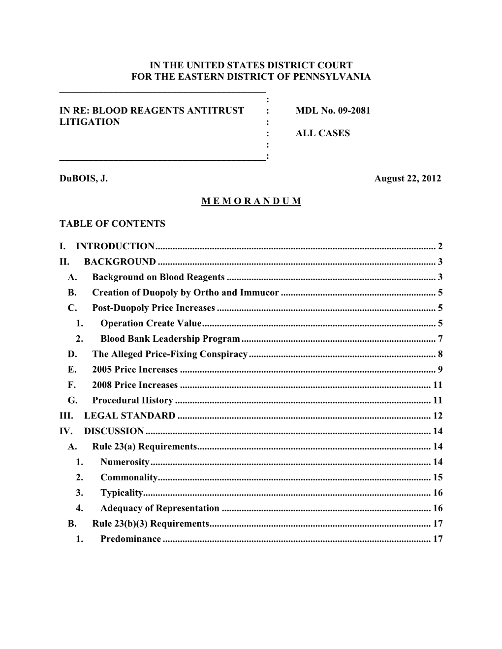 IN RE: BLOOD REAGENTS ANTITRUST : MDL No