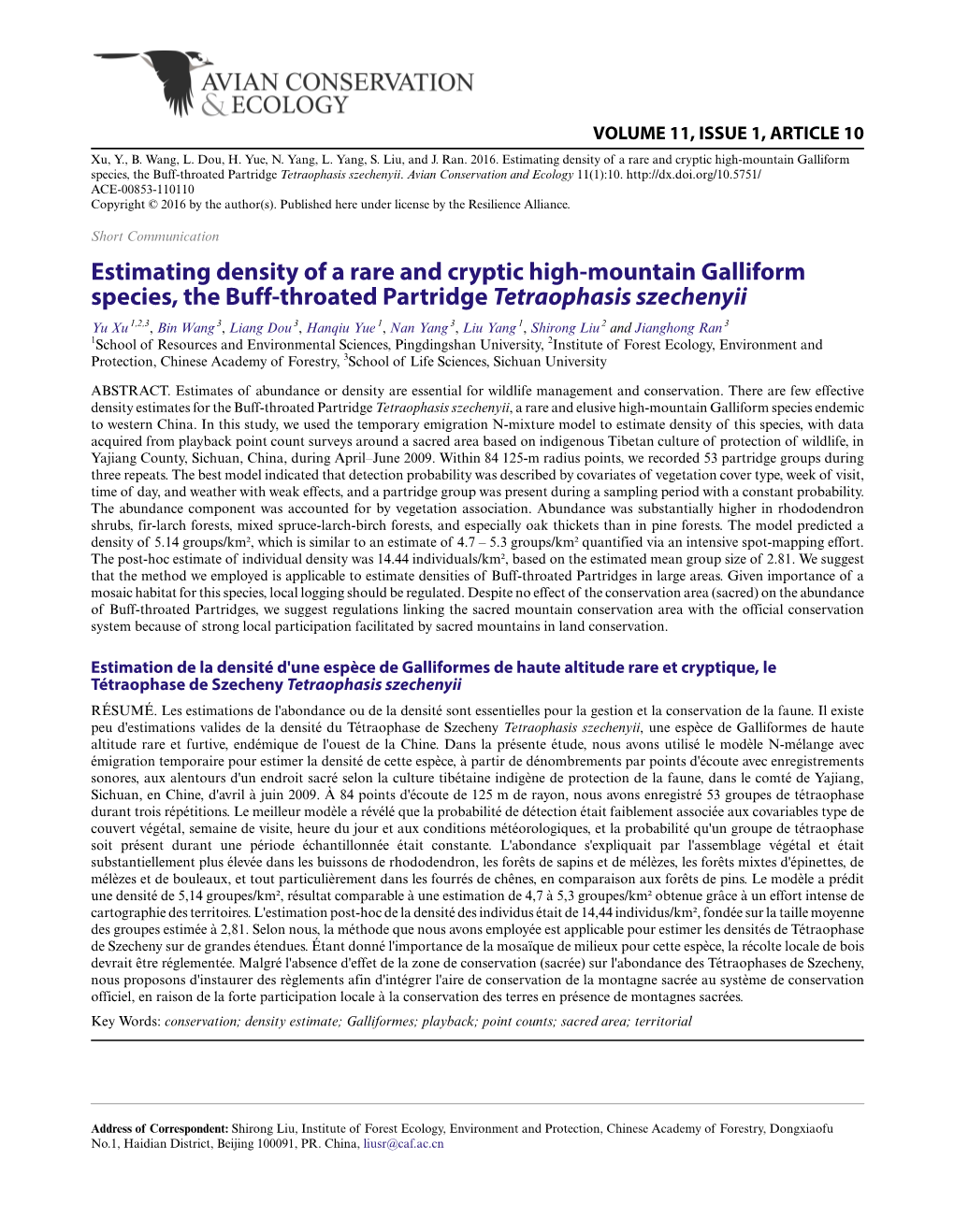 Estimating Density of a Rare and Cryptic High-Mountain Galliform Species, the Buff-Throated Partridge Tetraophasis Szechenyii