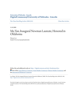 Mo Yan, Inaugural Newman Laureate, Honored in Oklahoma Haiyan Lee Stanford University, Haiyan@Stanford.Edu
