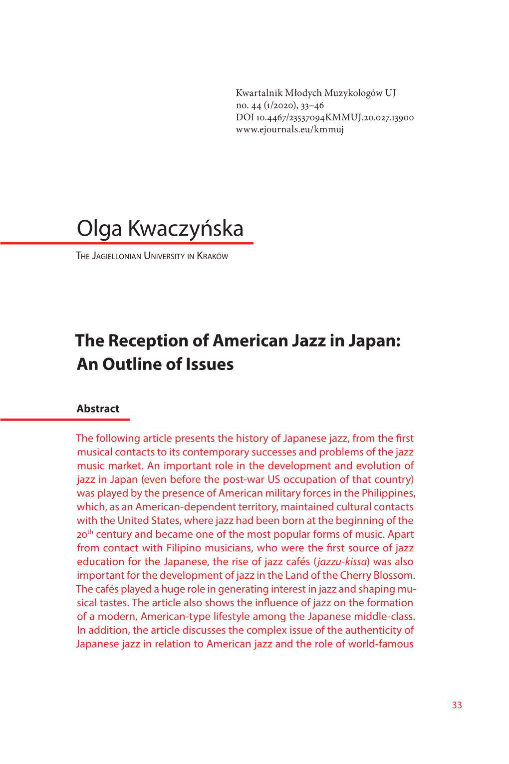 The Reception of American Jazz in Japan: an Outline of Issues