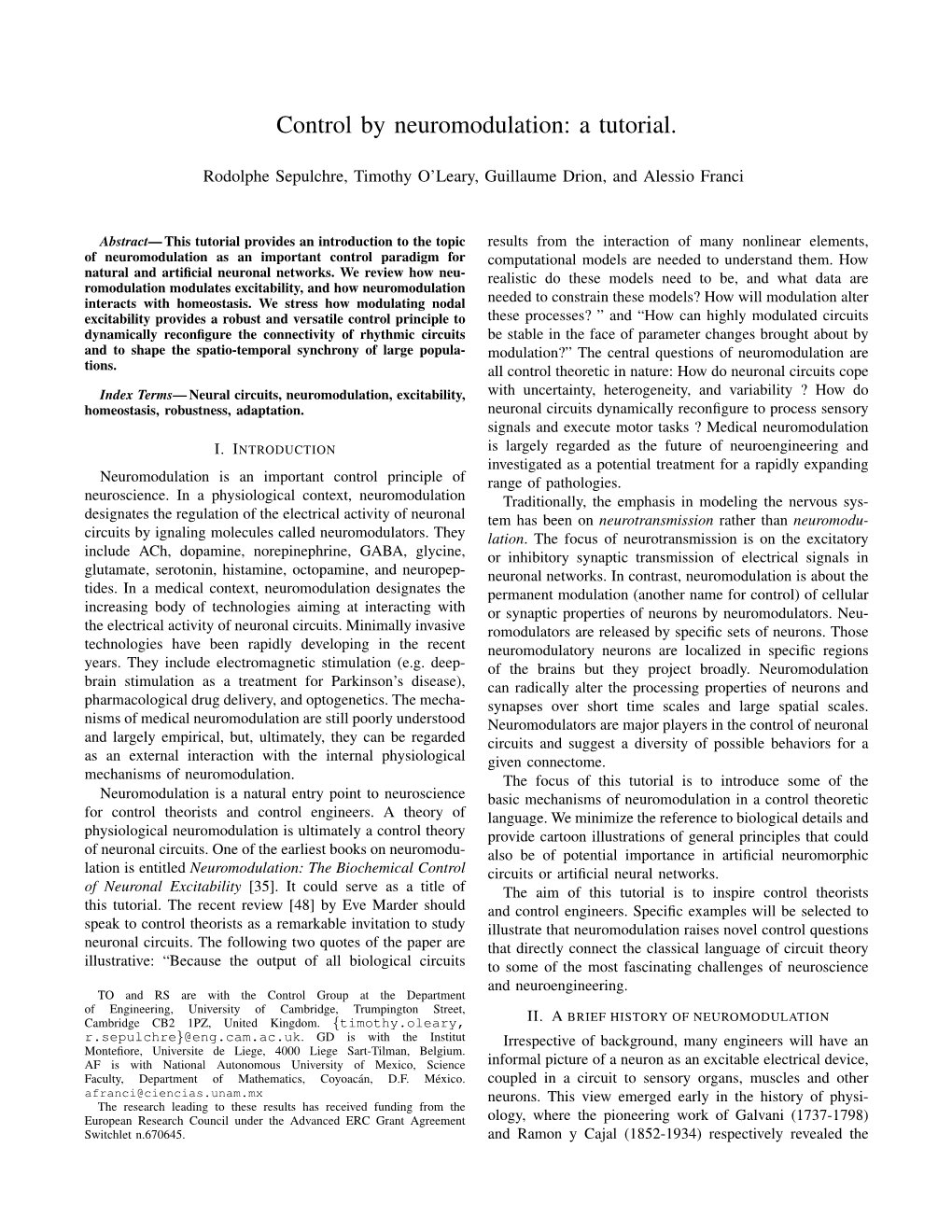 Control by Neuromodulation: a Tutorial