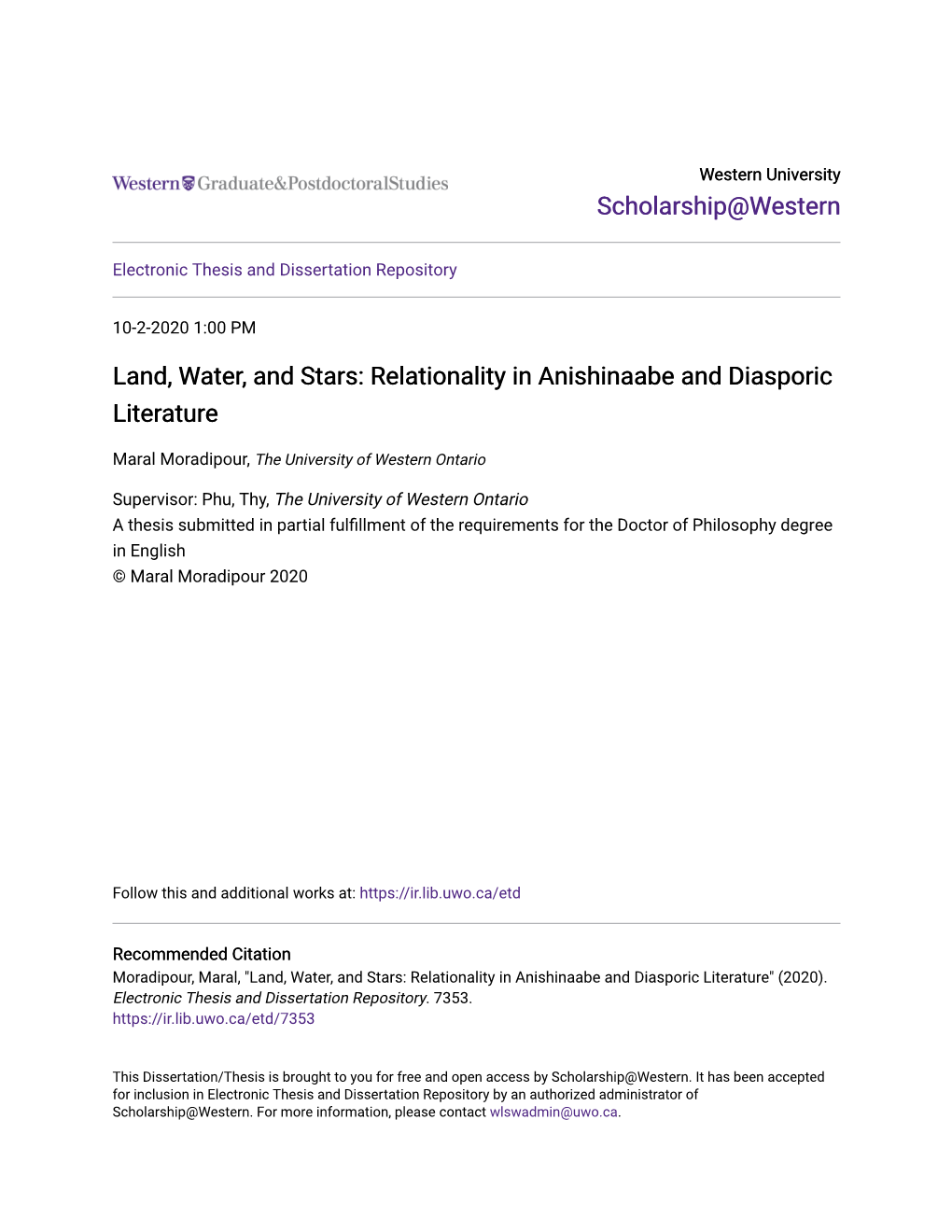 Land, Water, and Stars: Relationality in Anishinaabe and Diasporic Literature