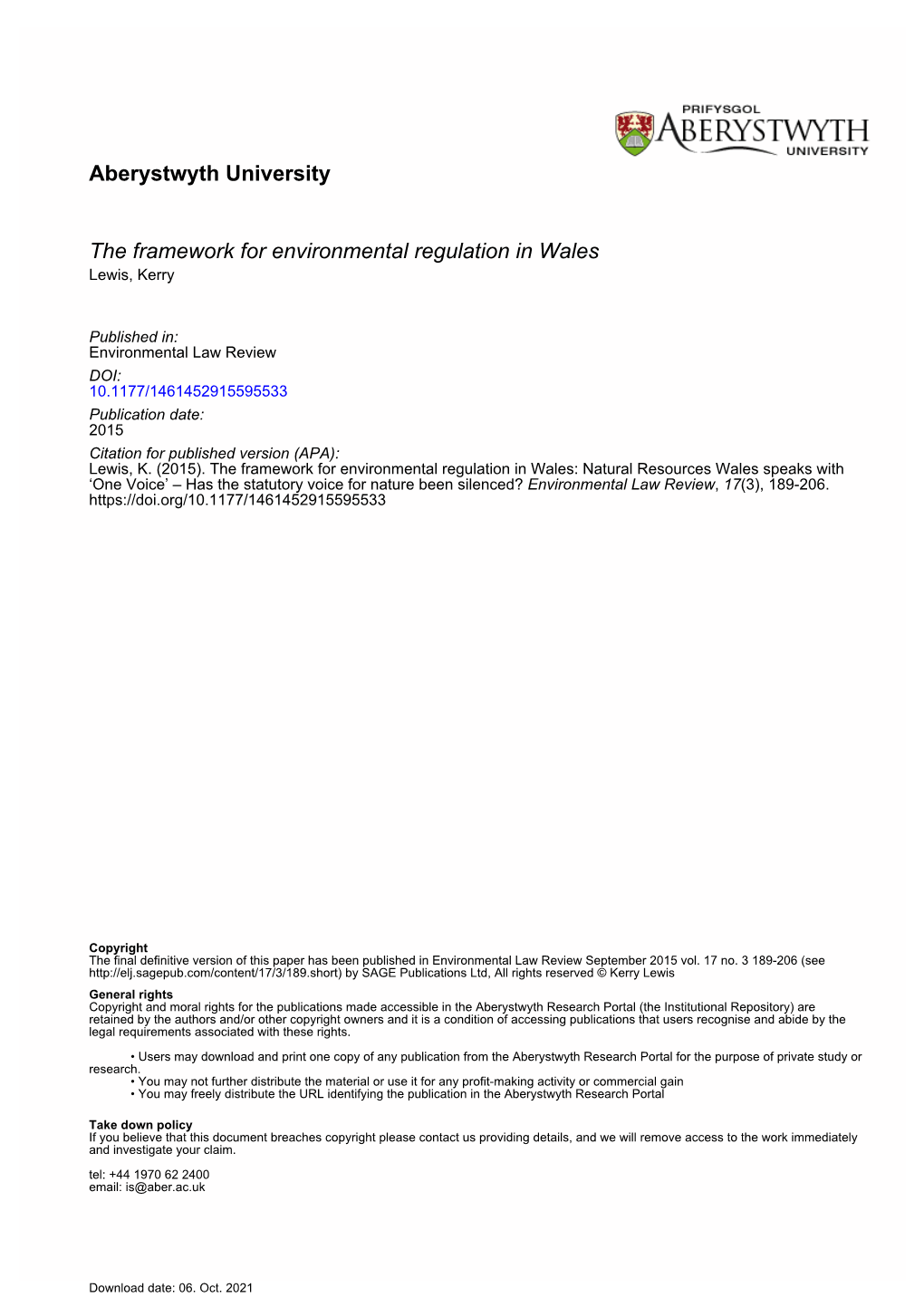 Aberystwyth University the Framework for Environmental Regulation