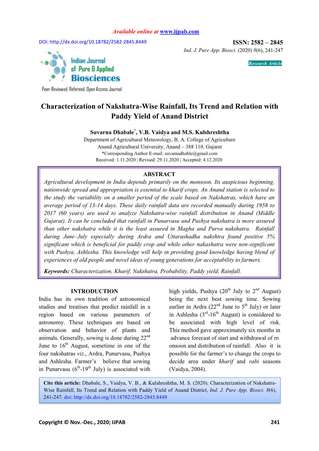 Characterization of Nakshatra-Wise Rainfall, Its Trend and Relation with Paddy Yield of Anand District