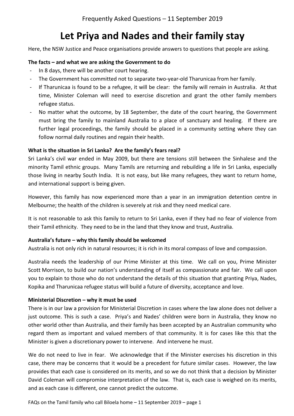 Let Priya and Nades and Their Family Stay Here, the NSW Justice and Peace Organisations Provide Answers to Questions That People Are Asking