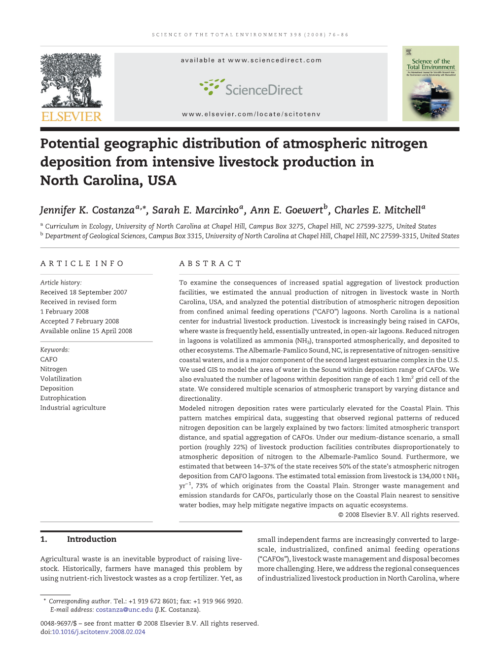 Potential Geographic Distribution of Atmospheric Nitrogen Deposition from Intensive Livestock Production in North Carolina, USA