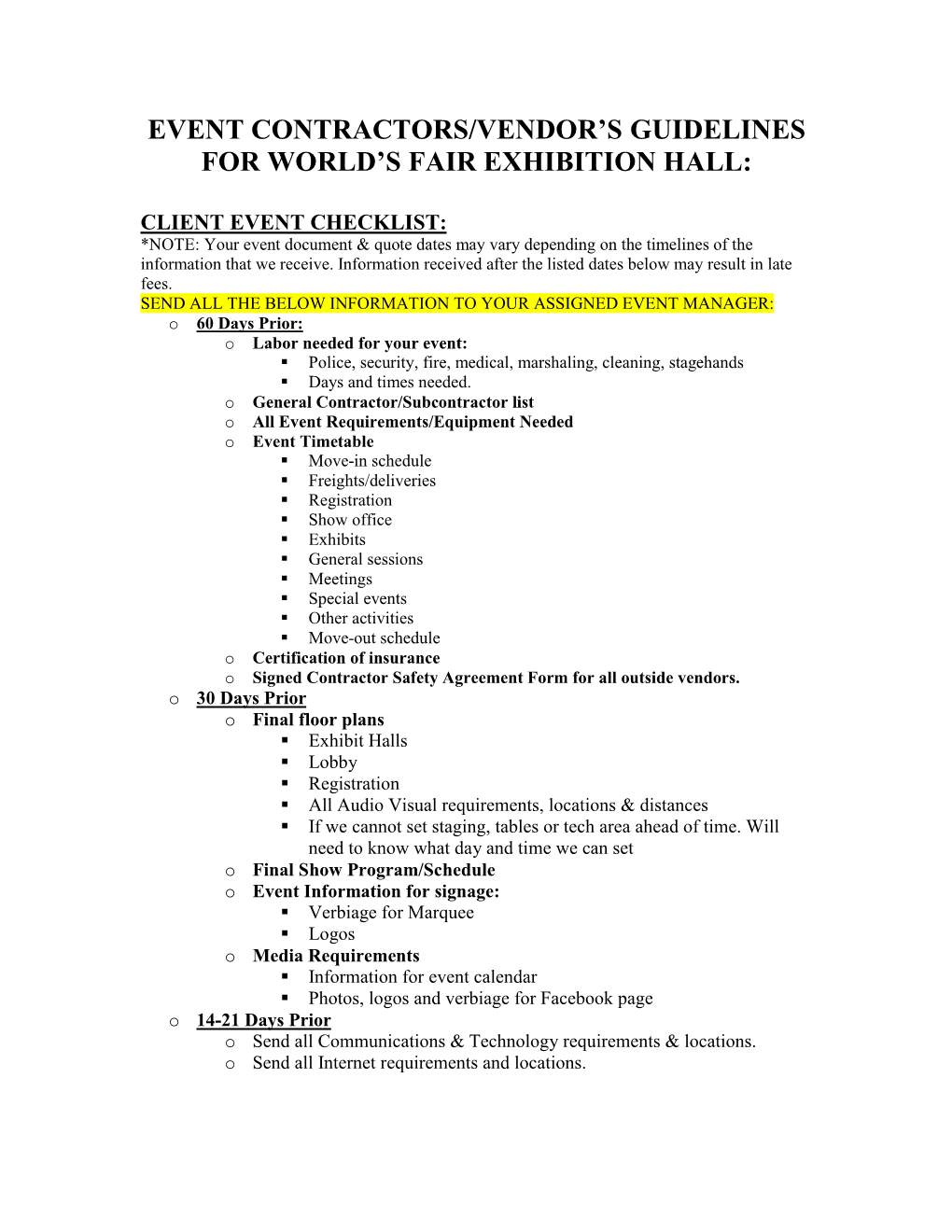 Event Contractors/Vendor's Guidelines for World's Fair
