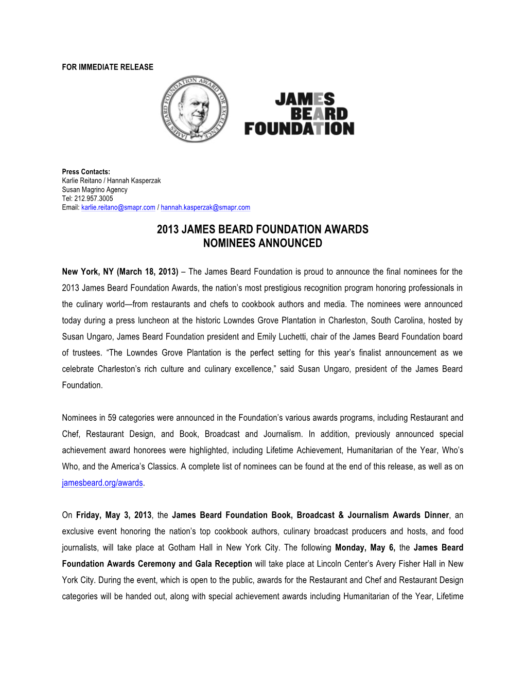 2013 James Beard Foundation Awards Nominees Announced