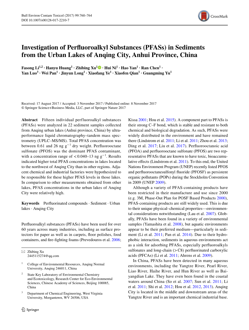 In Sediments from the Urban Lakes of Anqing City, Anhui Province, China