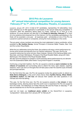 Press Release 2015 Prix De Lausanne 43Rd Annual International Competition for Young Dancers February 2Nd to 7Th, 2015, at Beauli