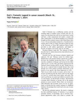 Emil J. Freireich: Legend in Cancer Research (March 16, 1927–February 1, 2021)