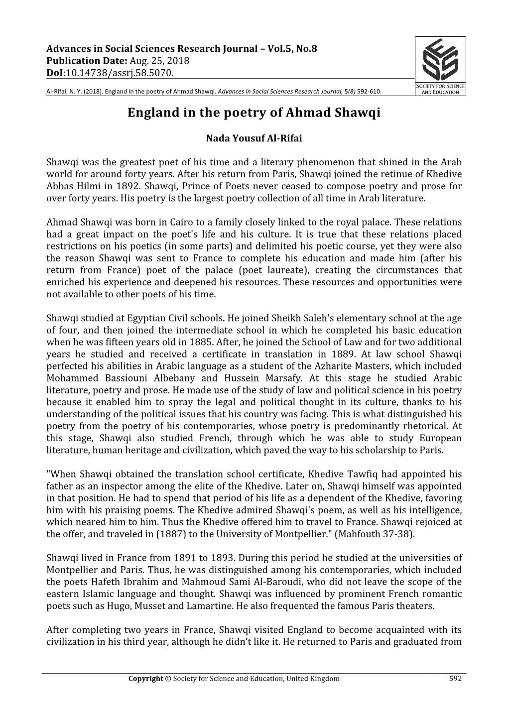 England in the Poetry of Ahmad Shawqi