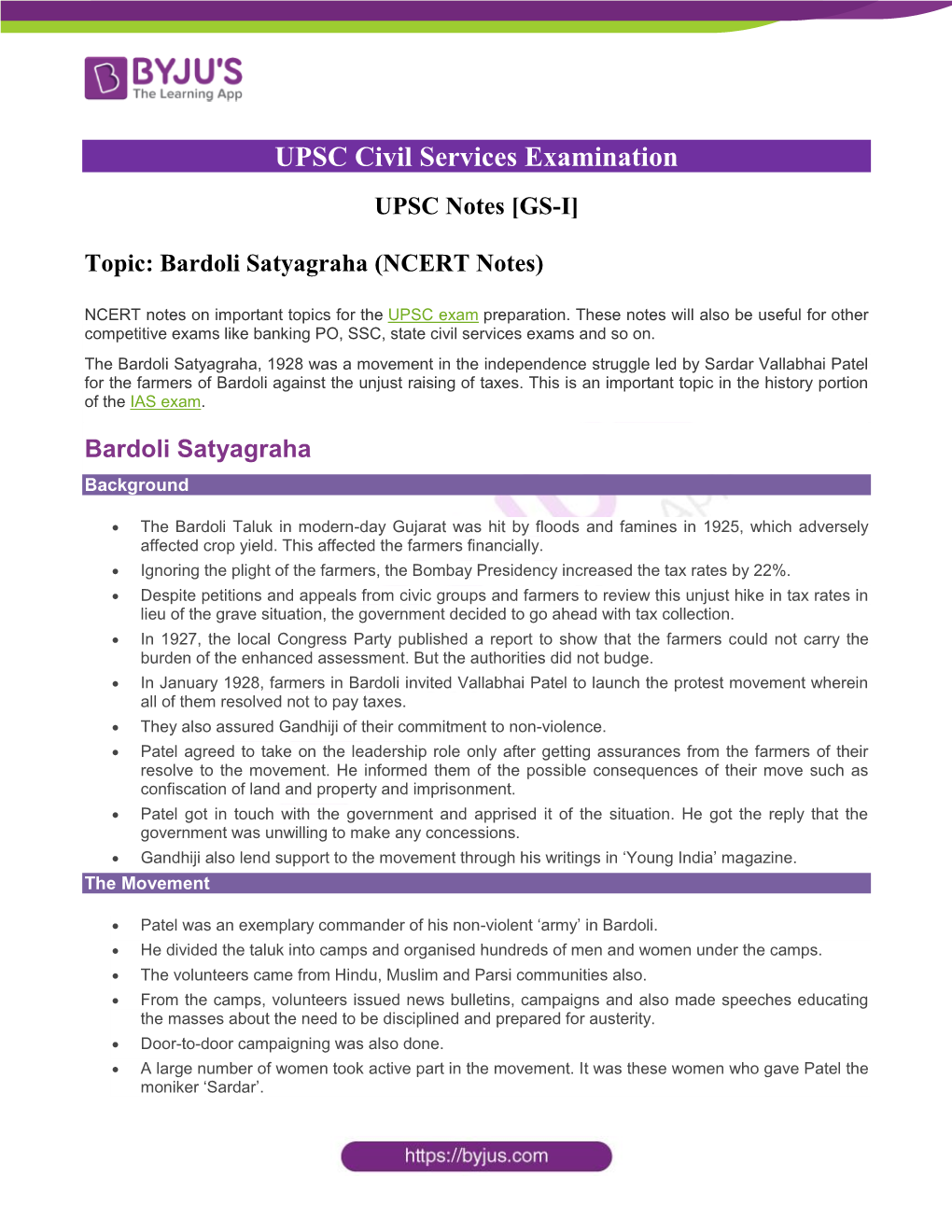 Bardoli Satyagraha (NCERT Notes)