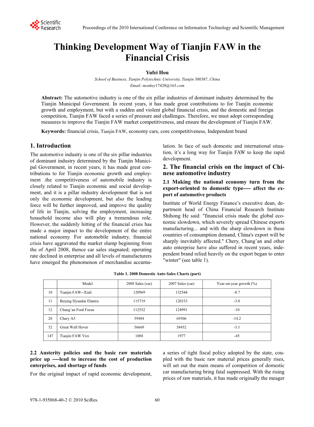 Thinking Development Way of Tianjin FAW in the Financial Crisis